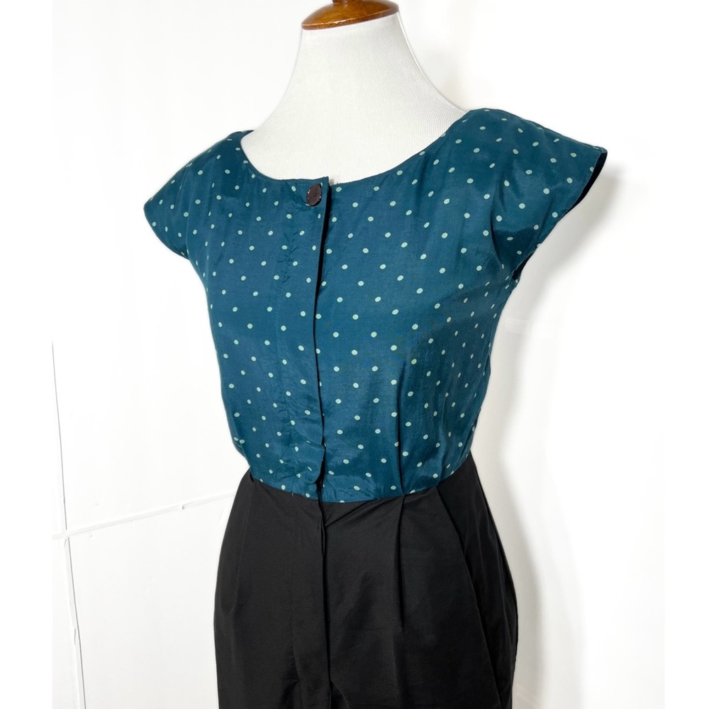 Modcloth Emily and Fin Teal Polka Dot Black Retro Cap Sleeve Sheath Dress - Picture 4 of 11